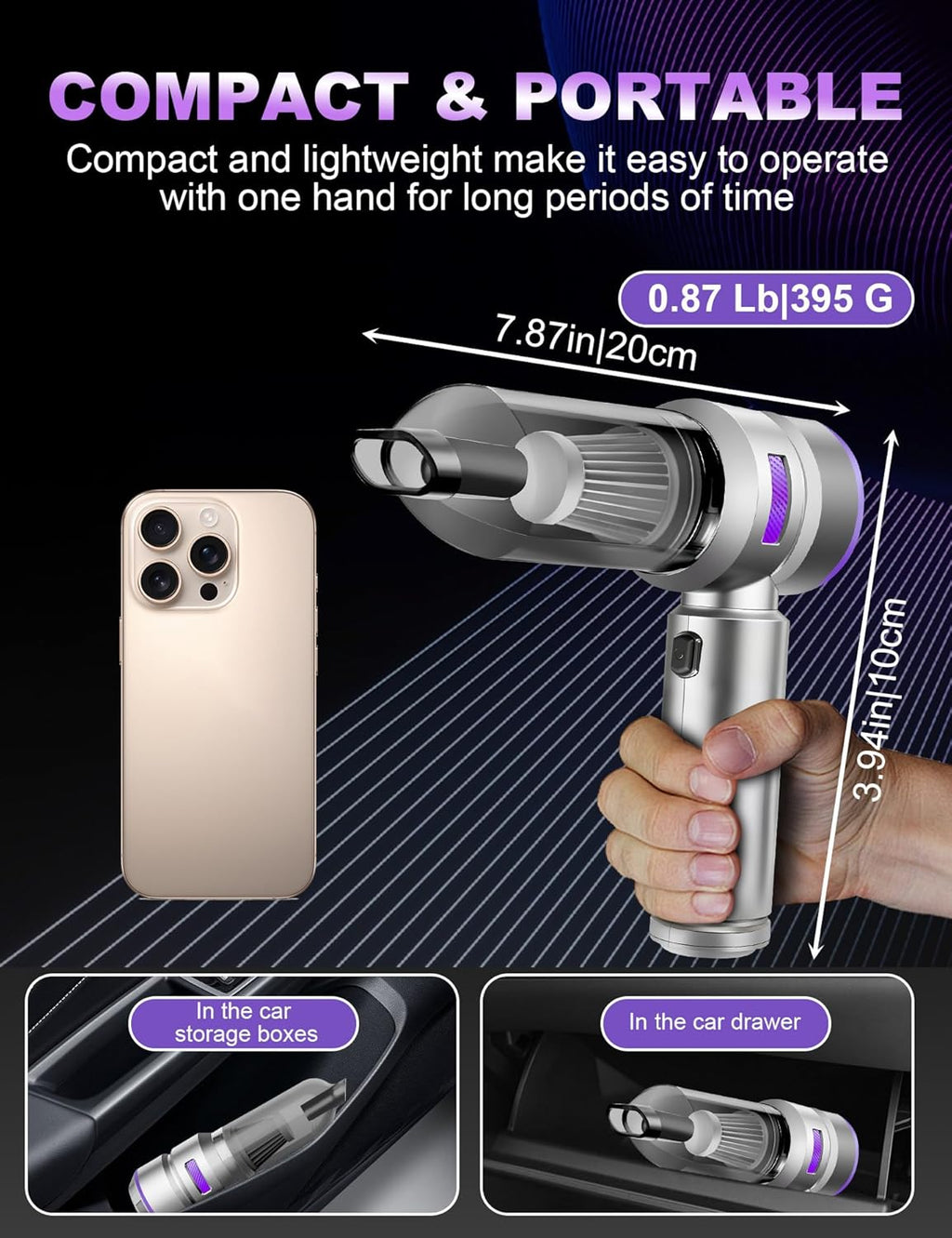 Handheld Car Vacuum Portable Cordless, 15000Pa High Power Handheld Vacuum with Brushless Motor, 4 in 1 Vacuum Cleaner Air Duster for Car Home Office Pet Hair Keyboard