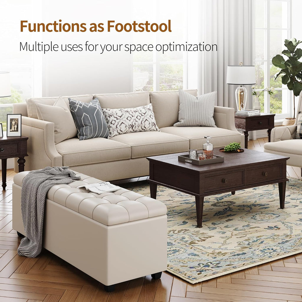Small 38 Inches Long White Ottoman Bench with Storage,Footstool Furniture End of Bed Benches,Faux Leather Ottomans and Seat for Foot Rest in Bedroom, Living Room, Entryway