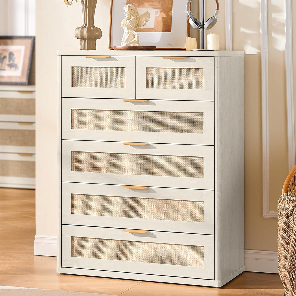 LEYAOYAO White Dresser for Bedroom, 42" Tall Chest of Drawers, Modern 6 Drawers Boho Rattan Dressers with Storage, Dresser Wooden Closet Organizer for Living Room, Hallway