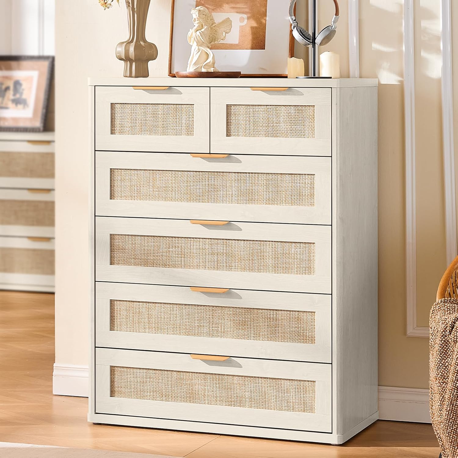 LEYAOYAO White Dresser for Bedroom, 42" Tall Chest of Drawers, Modern 6 Drawers Boho Rattan Dressers with Storage, Dresser Wooden Closet Organizer for Living Room, Hallway