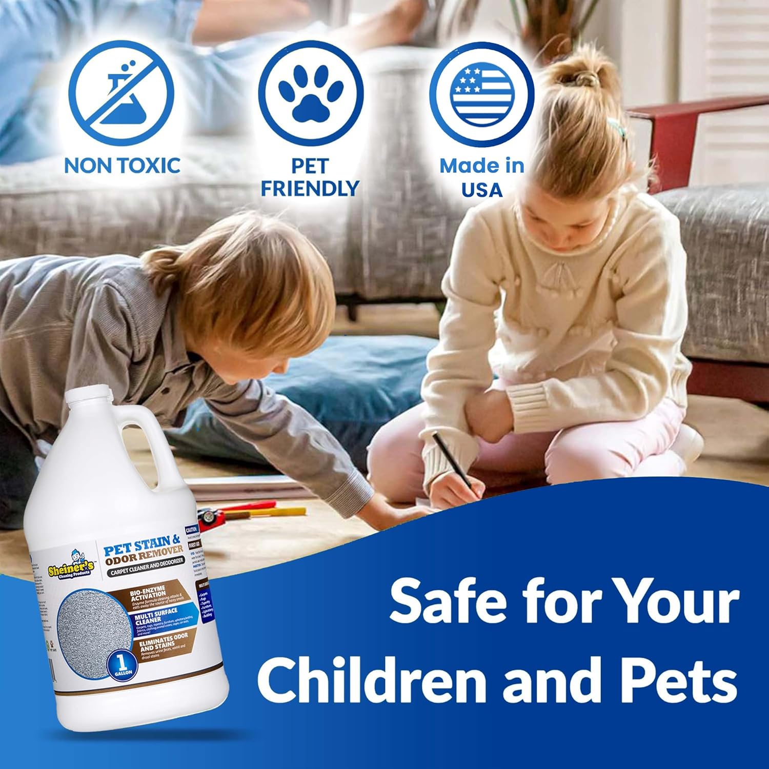 Sheiner's Pet Urine Enzyme Cleaner & Urine Odor Eliminator, Advanced Cleaning Bio-Enzyme Cleaner Solution for Carpets, Rugs, Upholstery & Multi-Surfaces, Safe for Pets & Kids. (128 oz)