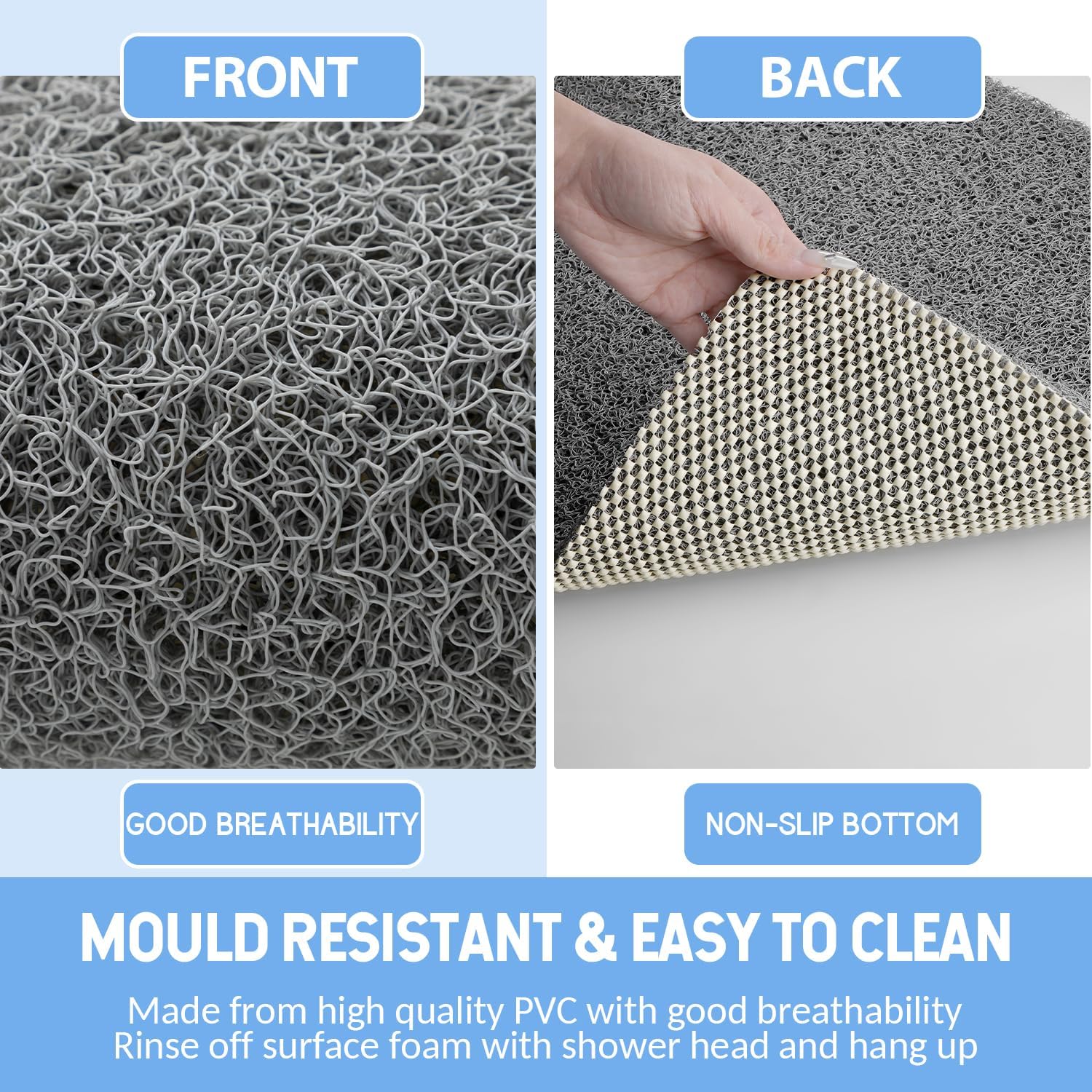 Non-Slip Bathtub Mat, Anti Slip Shower Mat, Fast Drying Bathtub Mats, Foot Scrubber Mat, Anti Slip Mat for Tub, Floor, Bathroom, Kitchen, Home, Hotel (Grey 40"×28")