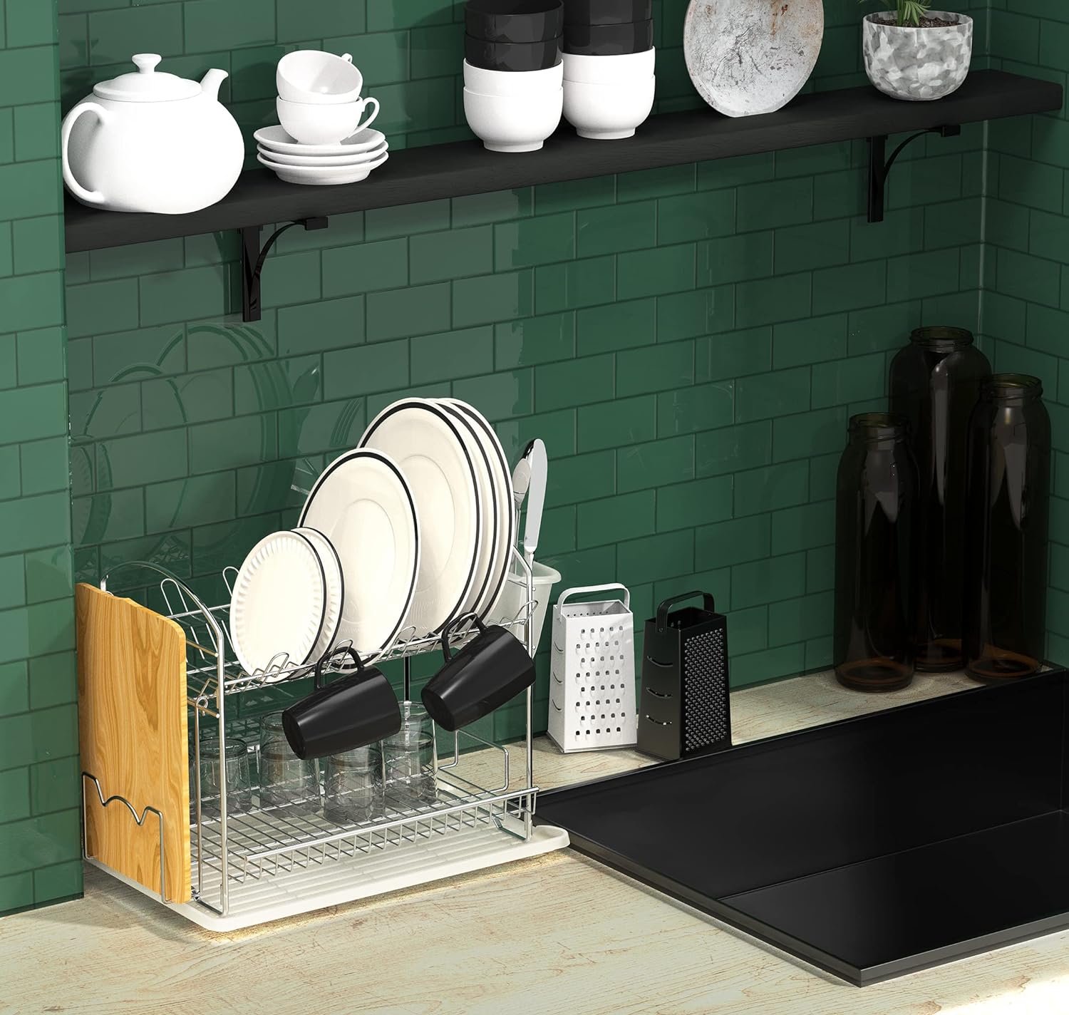 Simple Houseware 2-Tier Stainless Steel Dish Rack with Drainboard, Chrome for Kitchen