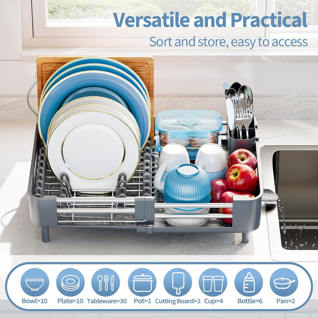 Dish Racks for Kitchen Counter, Dish Drying Rack - Stainless Steel Dish Drainer, Sink Drying Rack with Cutlery Holder, Dishes Organiser and Storage Rack, Gray