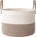 Woven Blanket Basket,65L Large Rope Storage Bin with Handles, Organizer for Blankets Toys Book and Clothes, Laundry Basket for Living Room Bedroom Nursery,White&Brown