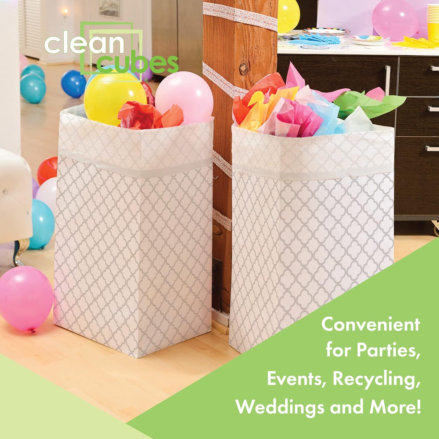 30 Gallon Disposable Pop-Up Trash Cans (3-Pack) with Fitted Bags – Foldable Garbage & Recycling Bins for Parties, Events & Kitchen (Trellis, 30" H x 14" W x 17" D)