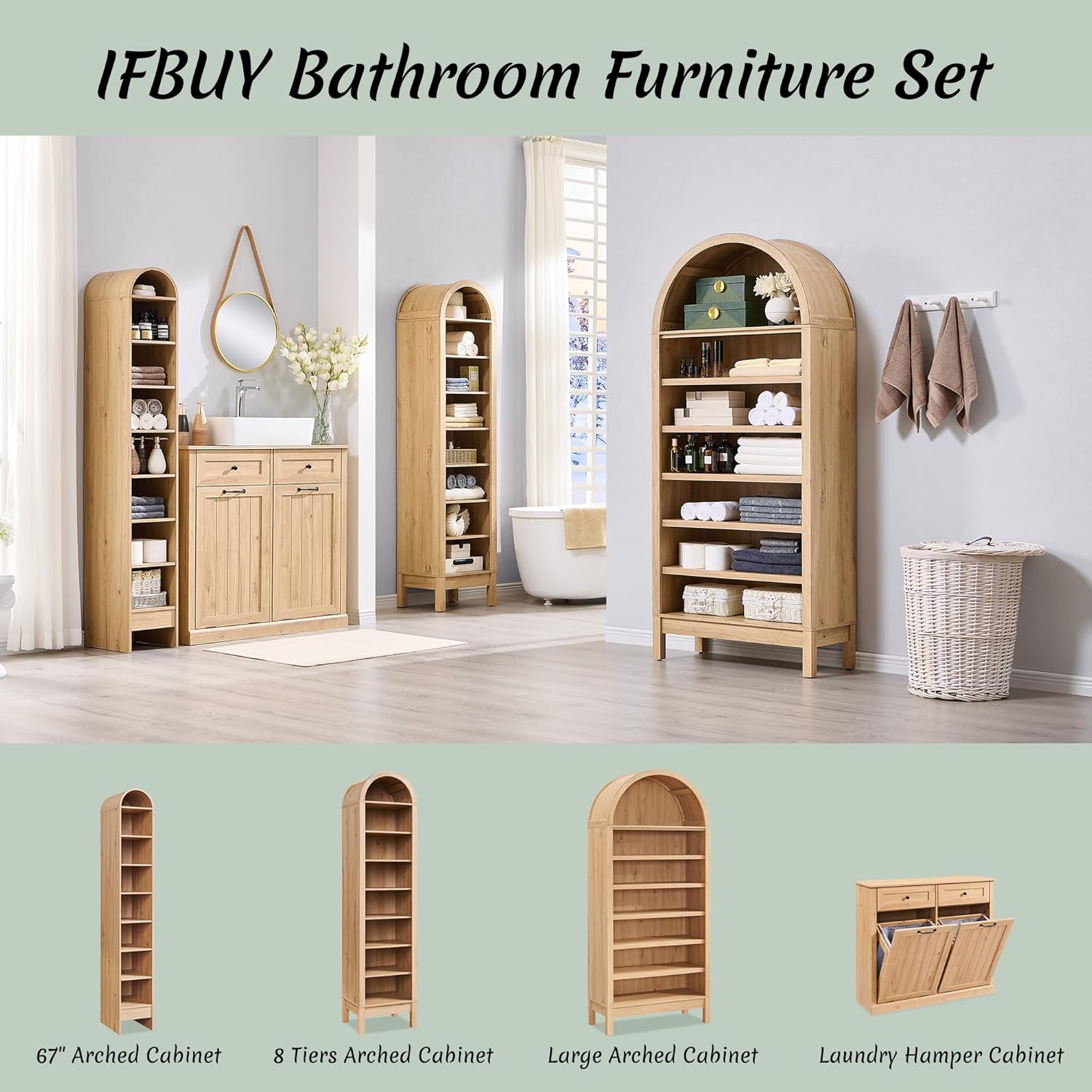 Double Tilt Out Laundry Hamper Cabinet, 20 Gallon Farmhouse Trash Can Cabinet with Drawer, Hidden Wood Garbage Can Bin Cabinets with Laundry Storage Basket for Bathroom, Kitchen (Natural)