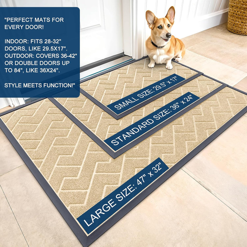 OLANLY Front Door Mat Indoor Outdoor Entrance, Waterproof All-Season, All-Weather Doormat, Sturdy Natural Rubber, Low Profile, Easy Clean Patio Porch Entryway Mat, Herringbone Brick (Beige, 71x47)