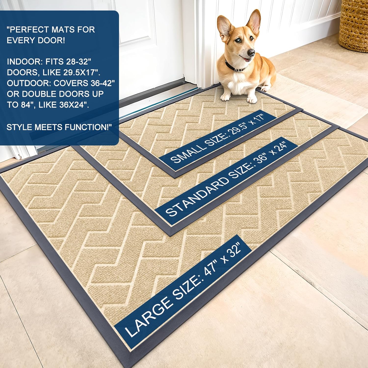 OLANLY Front Door Mat Indoor Outdoor Entrance, Waterproof All-Season, All-Weather Doormat, Sturdy Natural Rubber, Low Profile, Easy Clean Patio Porch Entryway Mat, Herringbone Brick (Beige, 59x23)