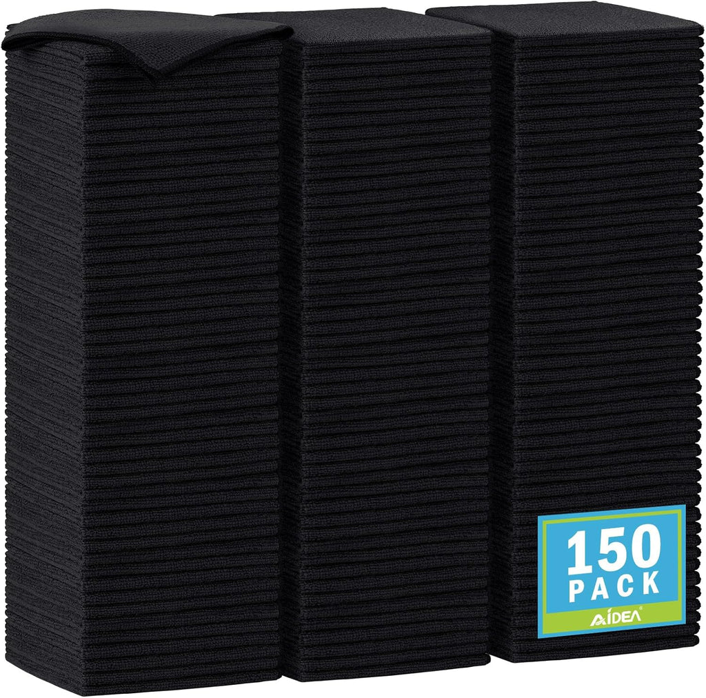 AIDEA Microfiber Cleaning Cloth-150PK, Soft Microfiber Towels for Cars, Absorbent Cleaning Rags, Lint-Free Streak-Free Wash Cloths for House, Kitchen, Window(12in.x12in), Black