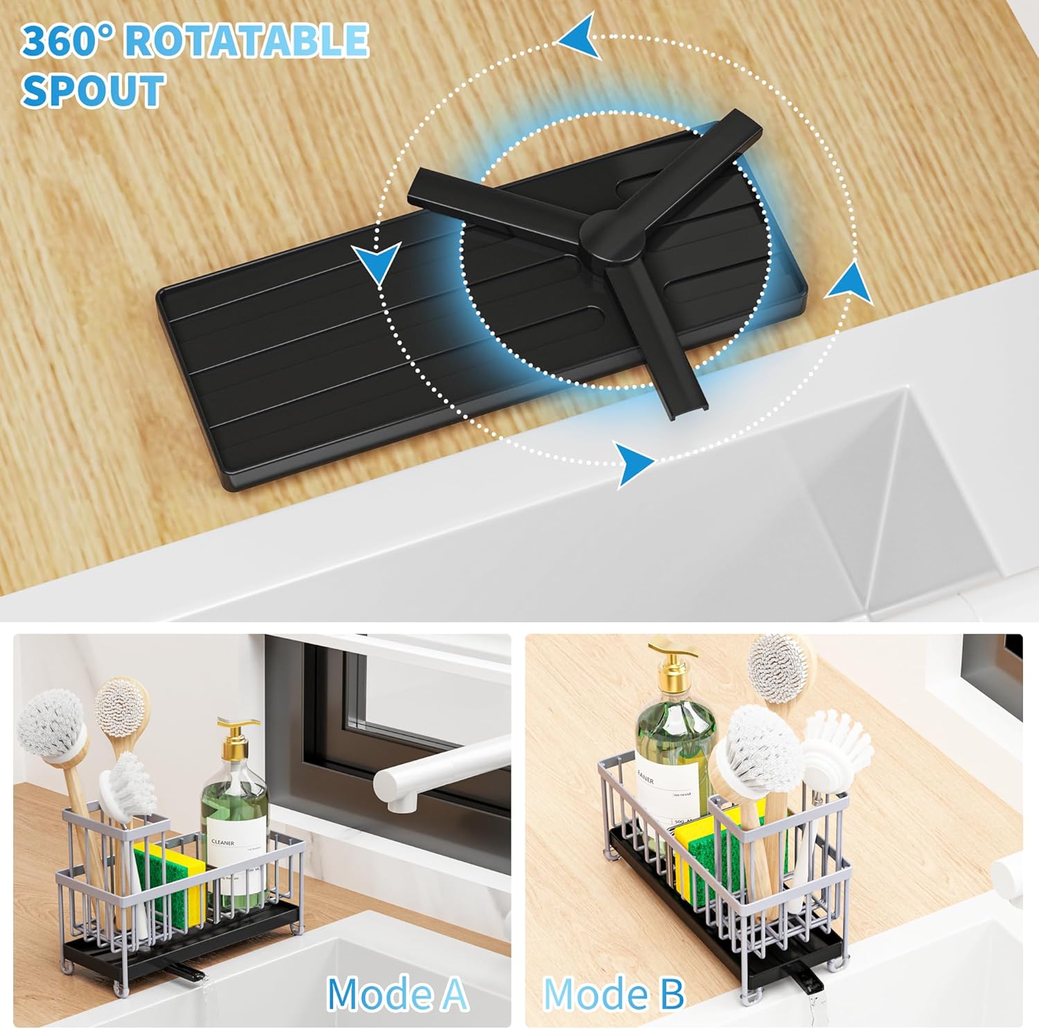 Cisily Light Gray Sponge Holder for Kitchen Sink, Sink Caddy Organizer with High Brush Holder, Kitchen Countertop Organizers and Storage Essentials, Rustproof 304 Stainless Steel, Soap Dispenser