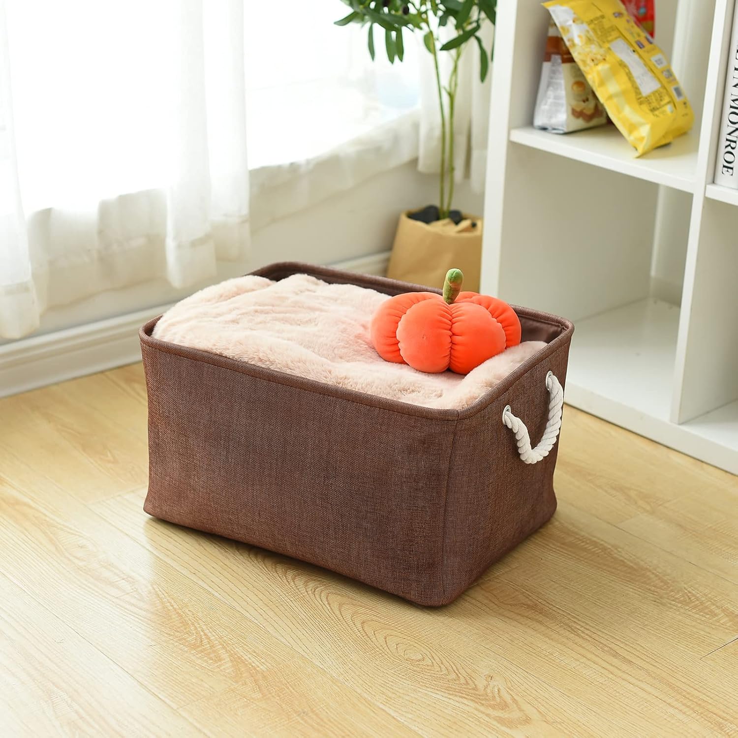 TheWarmHome Organization and Storage Basket for Organizing - 17x14x10 inch 3 Pack Fabric Storage Cubes, Collapsible Storage Bins for Shelves Closet Organizer Toy Gift Cloth (Brown)