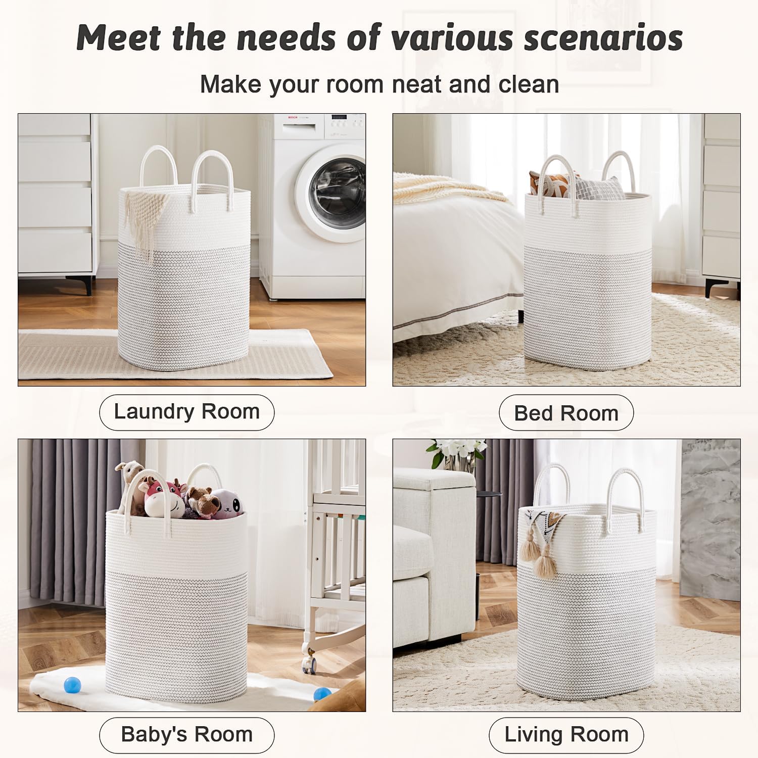 Laundry Basket,Woven Cotton Rope Laundry Hamper,Versatile Storage for Dirty Clothes,Baby Toys,and Blankets in Bathroom, Nursery,and Living Room (White, 40L)