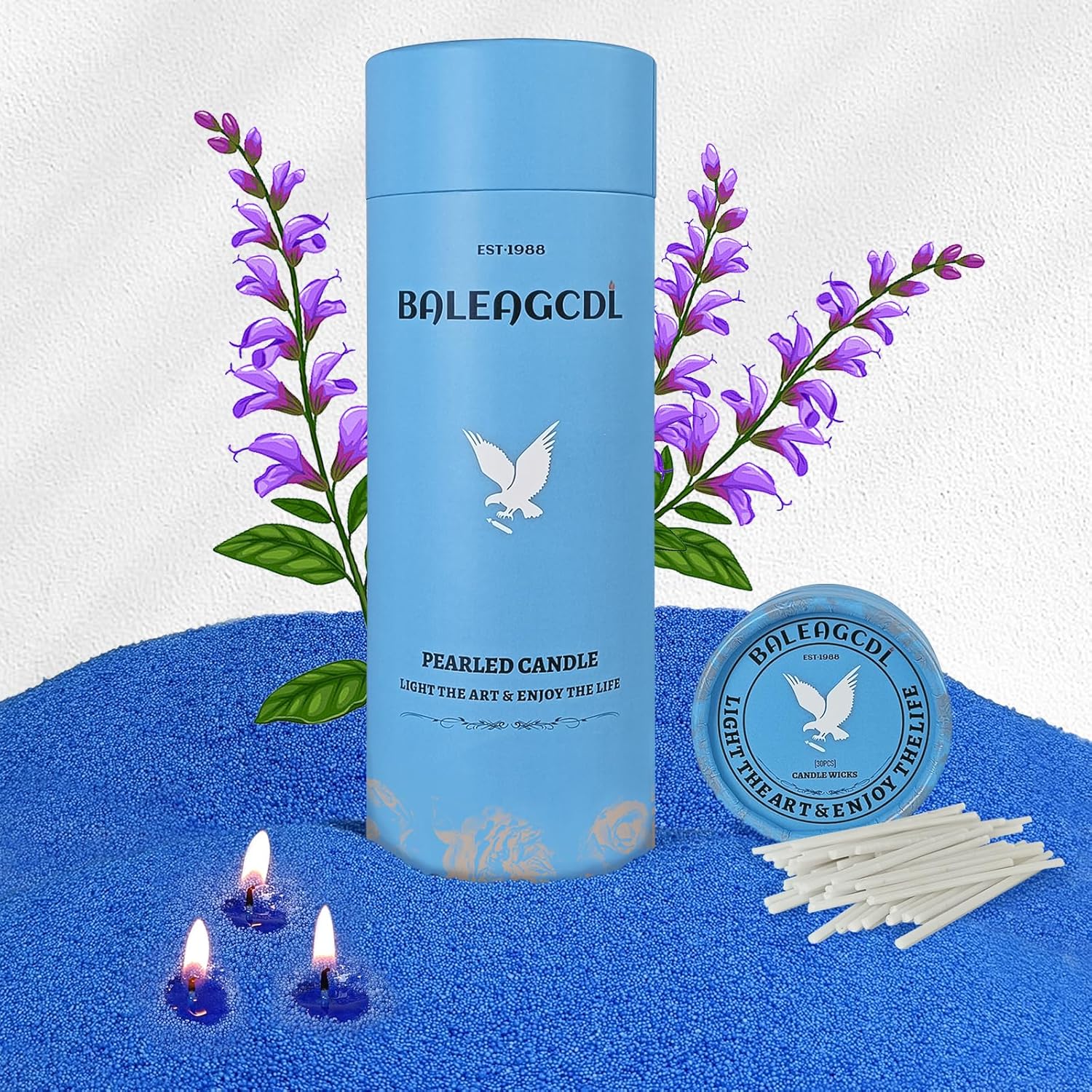 Salvia Scented Blue Pearled Candle 18oz Luxury Sand Candle Granulated Wax - 30 Cotton Wicks - Wax for Candle Making Decorative Candles Smooth and Clean Burning Lasts up to 120 Hours