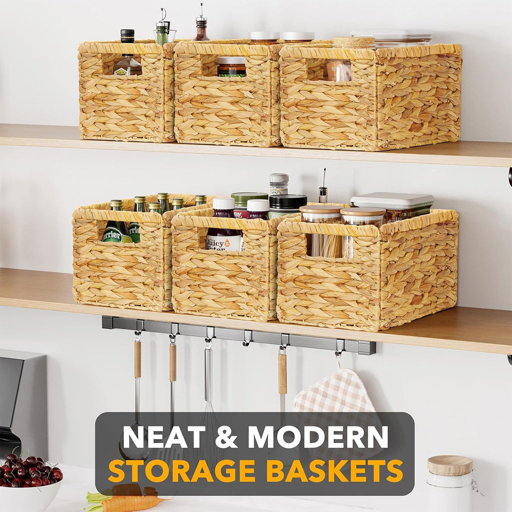 SpaceAid 6 Pack Wicker Basket, Storage Baskets for Organizing, Woven Rattan Basket with Handles for Shelves, Water Hyacinth Large Cube Organizer Storage Bin, 13x8.2x7 inch, Natural