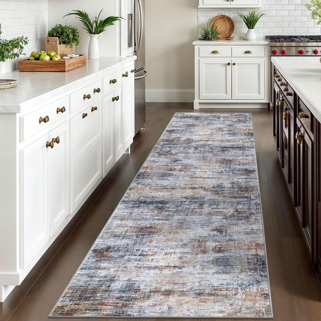 IOHOUZE Abstract Runner Rug 3x10 Ft Washable Runners for Hallways, Non Slip Kitchen Runner Printed Faux Wool Entryway Runner Indoor, Modern Abstract Floor Carpet for Hall Bedroom, Orange Grey