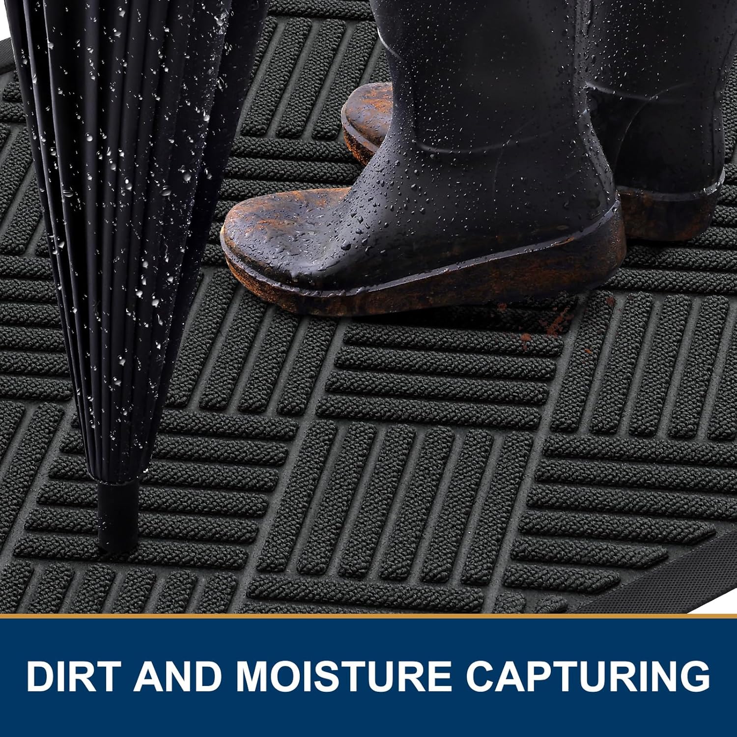Smiry Front Door Mat Outside Entrance, Heavy Duty Outdoor Indoor Natural Rubber Doormat, Non Slip, Trap Dirt and Moisture, Easy Clean, Low Profile Patio Porch Entryway Mat, 47x17, Black