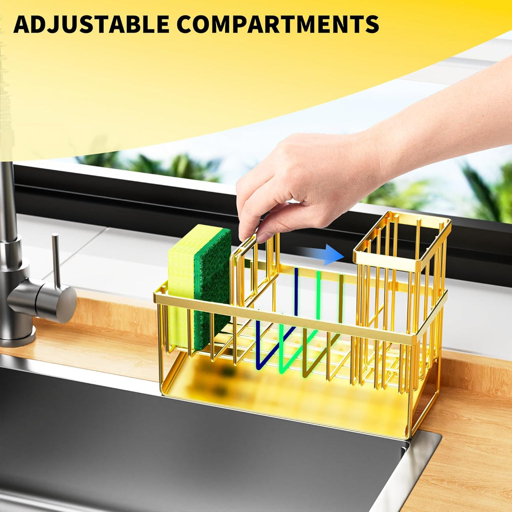 Cisily Gold Kitchen Sink Caddy Organzier with High Brush Holder, Sponge Holder for Sink, 304 Rustproof Stainless, Kitchen Countertop Soap Dispenser Organizer, Home Decor and Accessories
