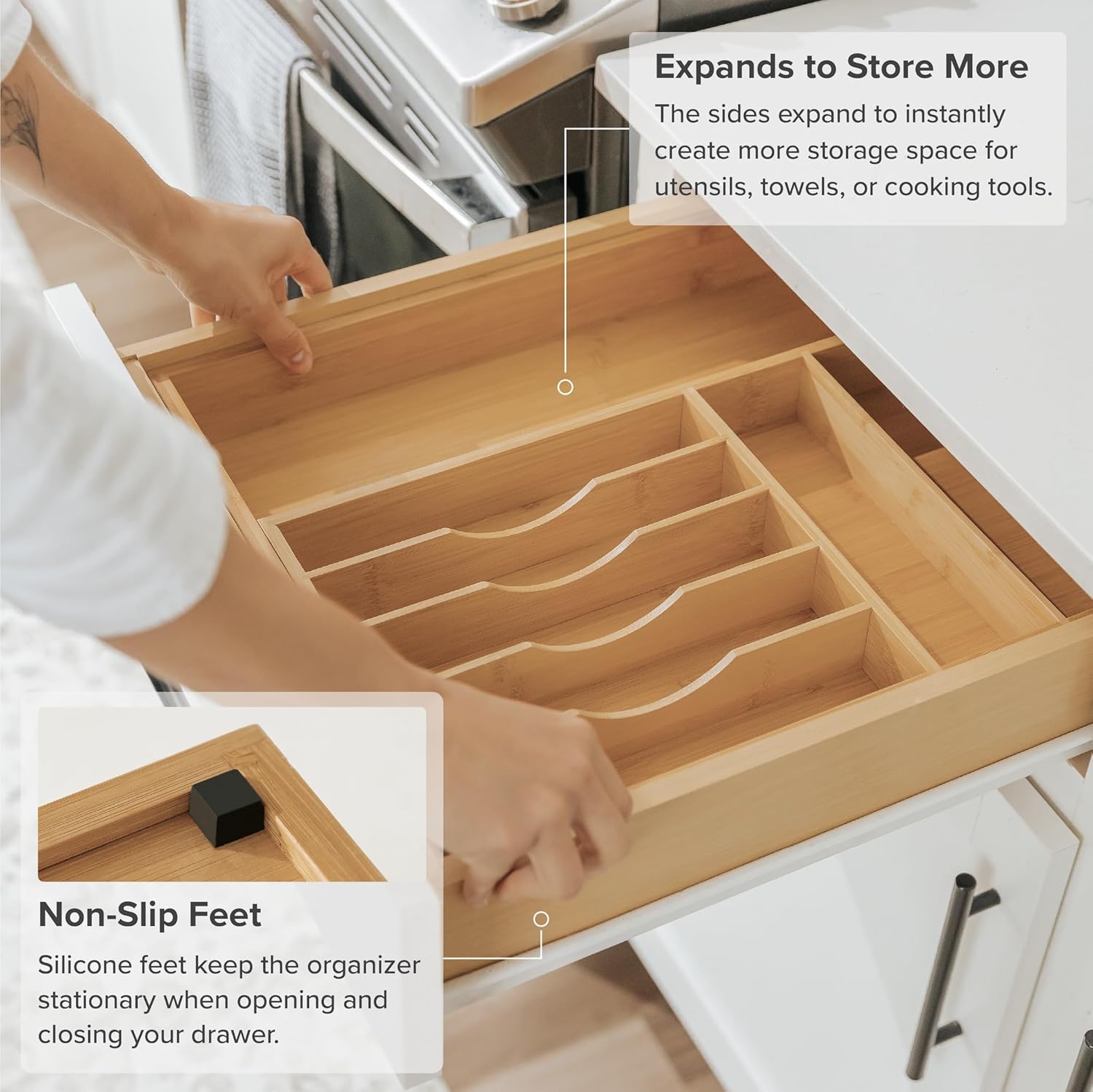 KitchenEdge Premium Silverware, Flatware and Utensil Organizer for Kitchen Drawers, Food-Safe Contract Grade, Expandable from 10.5 to 19 In, Natural Bamboo