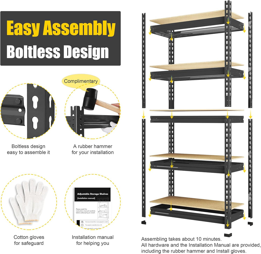 PrimeZone Storage Shelves 4 Pack 5 Tier Adjustable Garage Storage Shelving, Heavy Duty Metal Storage Utility Rack Shelf Unit for Warehouse Pantry Closet Kitchen, Black