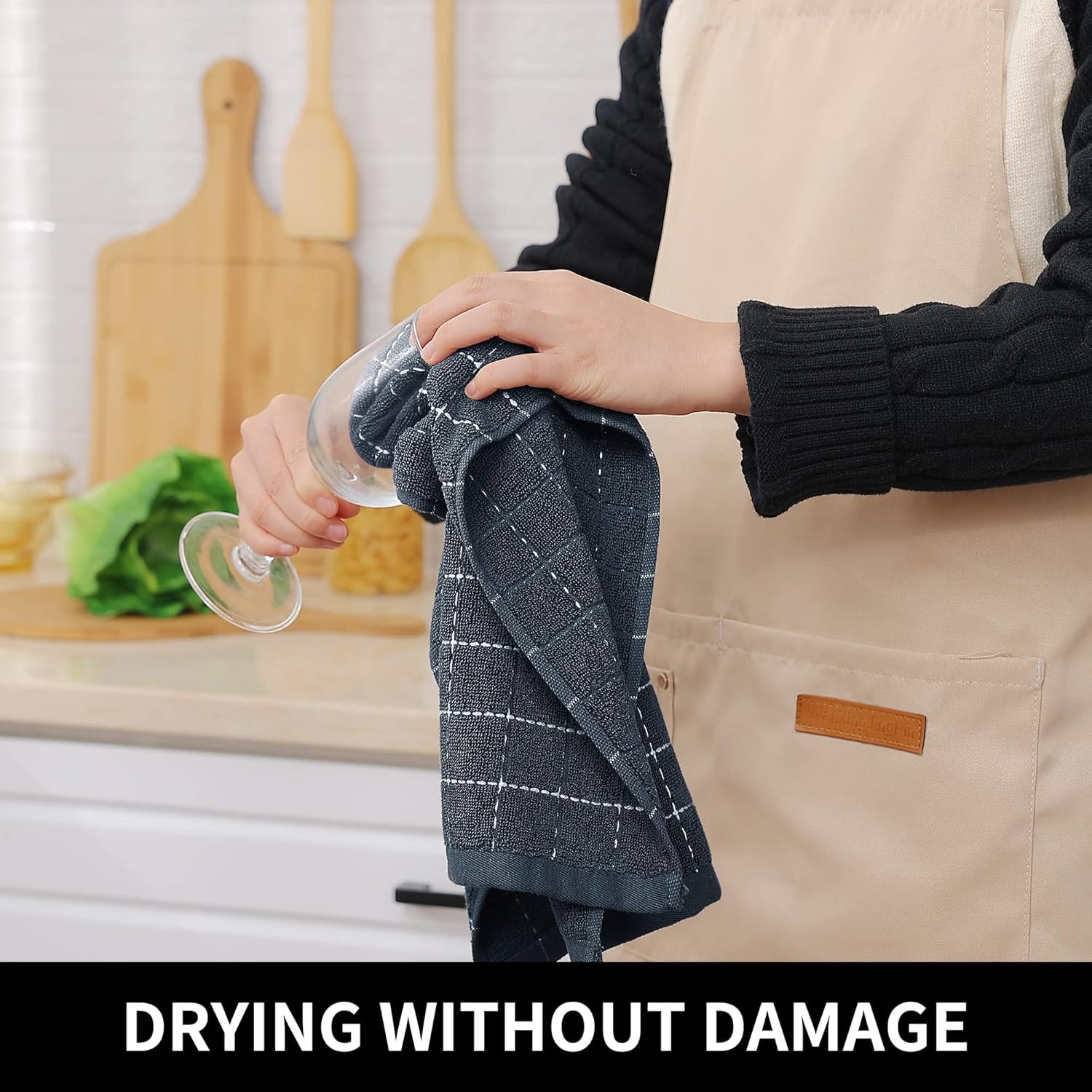 Homaxy 100% Cotton Terry Kitchen Towels(Dark Grey, 13 x 28 inches), Checkered Designed, Soft and Super Absorbent Dish Towels, 6 Pack