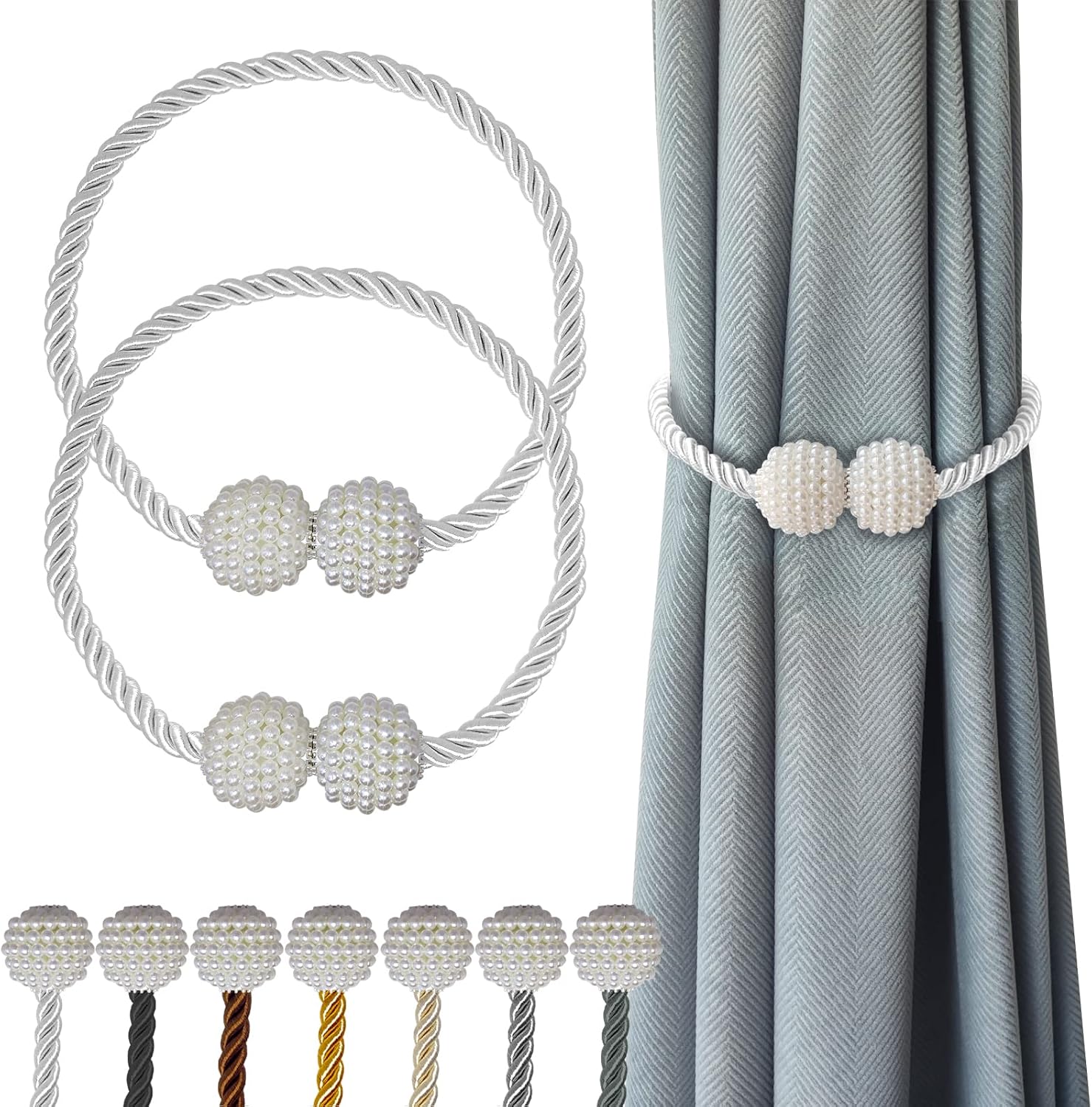 Hion Magnetic Curtain Tiebacks White 2pcs, Curtain Tiebacks Buckles Holdbacks Holders Hooks Clip for Home Bedroom Office Decorative Curtain