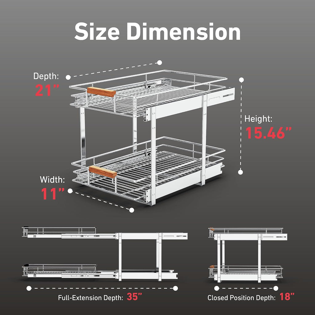 Pull Out Cabinet Organizer(11" W x 21" D), 2 Tier Wire Basket Slide Out Shelf Storage with Wood Handle, Pull Shelf Drawers for 12-1/4” Cabinet Opening, Chrome