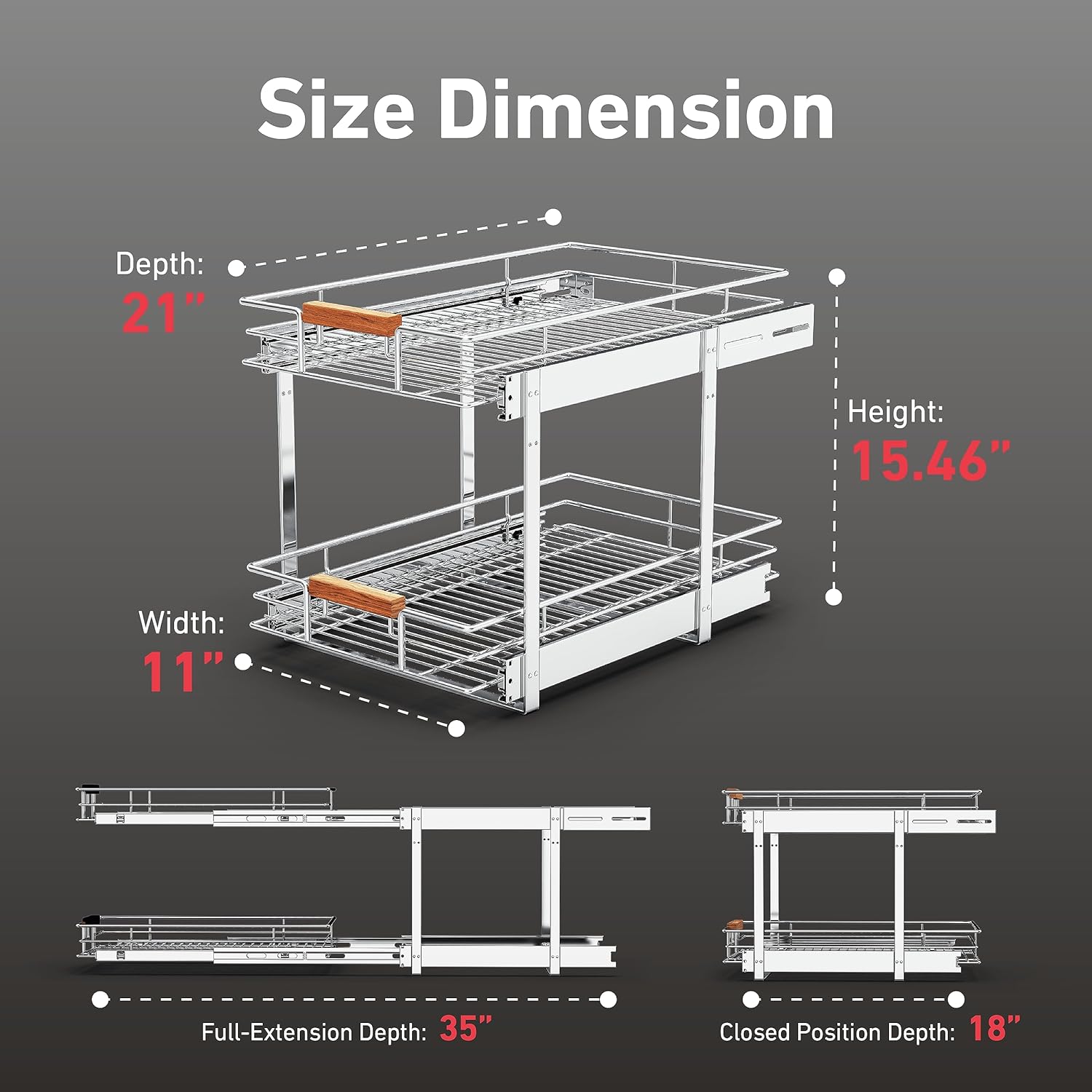Pull Out Cabinet Organizer(11" W x 21" D), 2 Tier Wire Basket Slide Out Shelf Storage with Wood Handle, Pull Shelf Drawers for 12-1/4” Cabinet Opening, Chrome