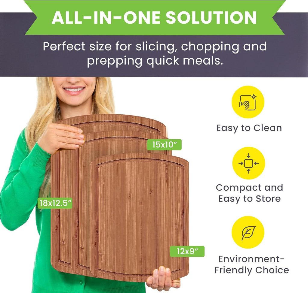 Bamboo Wooden Cutting Board Set of 3 - Used to Chop Veggies, Carve Meat, Present Charcuterie at Mealtime Prep and Family Gatherings - Ideal for Professional and Busy Home Chefs - Dark