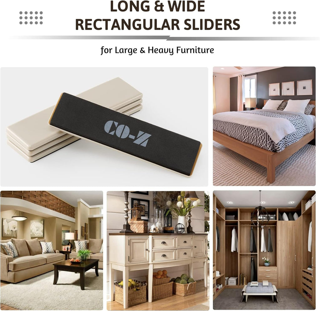CO-Z Large Furniture Sliders - 4 Pack, 2 1/2" x 9" Rectangle Reusable Furniture Sliders for Carpet, Heavy-Duty Furniture Gliders Movers for Hardwood Floors, Plastic Moving Pads for Heavy Furniture