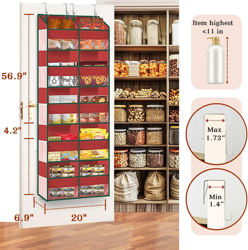 Over The Door Organizer 5 Tiers, Extra Large Behind Door Storage of 10 Compartments, 80 lbs Weight Capacity Hanging Storage Organizer with Clear Window Kids Toys,Shoes,Diapers,Room Storage, Red