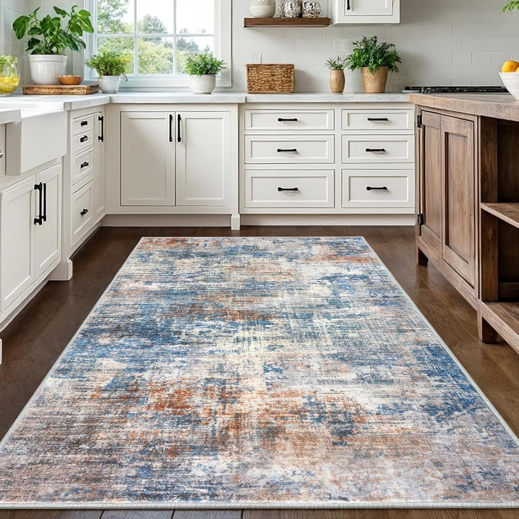IOHOUZE Abstract Area Rugs 5x7 Ft Washable Rugs for Living Room, Non Slip Dining Room Rug, Printed Faux Wool Rugs for Bedroom, Floor Carpet for Office Nursery Playroom, Blue Rust