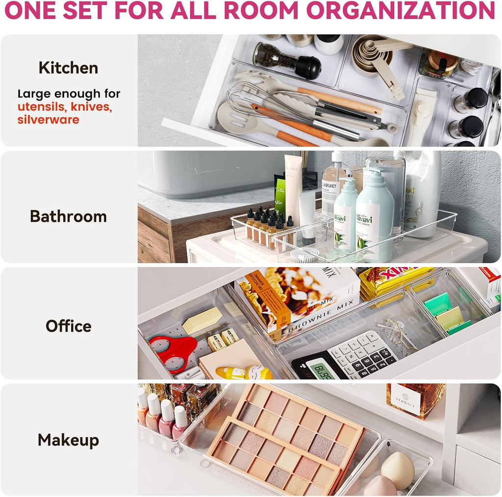Criusia 26 Pack Large Clear Plastic Drawer Organizer Bins -5 Size Heavy Duty Acrylic Kitchen Drawer Organizers and Storage for Utensils -Bathroom Drawer Organizer Trays for Makeup Office Organization