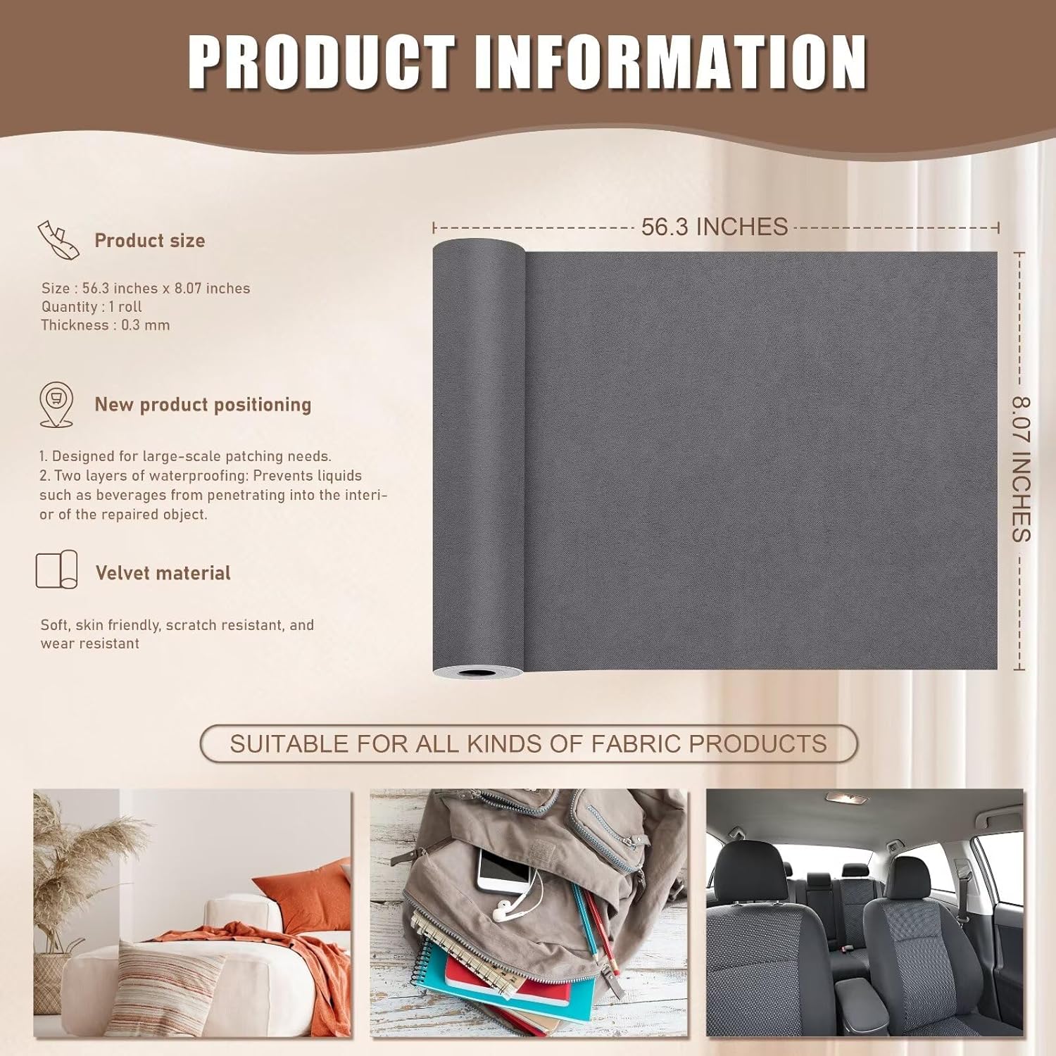 Azobur Couch Patches, Extra-Large Durable Fabric Tape, Ideal for Automotive Upholstery Repair, Waterproof, Self-Adhesive, Quickly Fix Sofas, Car Interiors, and Other Fabric Items (Gray)