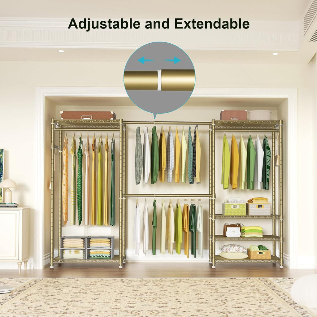Ulif E1 Heavy Duty Closet Garment Rack, 6 Tiers Adjustable Metal Freestanding Expandable Clothing Storage with 4 Hanger Rods, Easy to Assemble Wardrobe, 71.4" H x (70" - 88.2") L x 14" D, Gold
