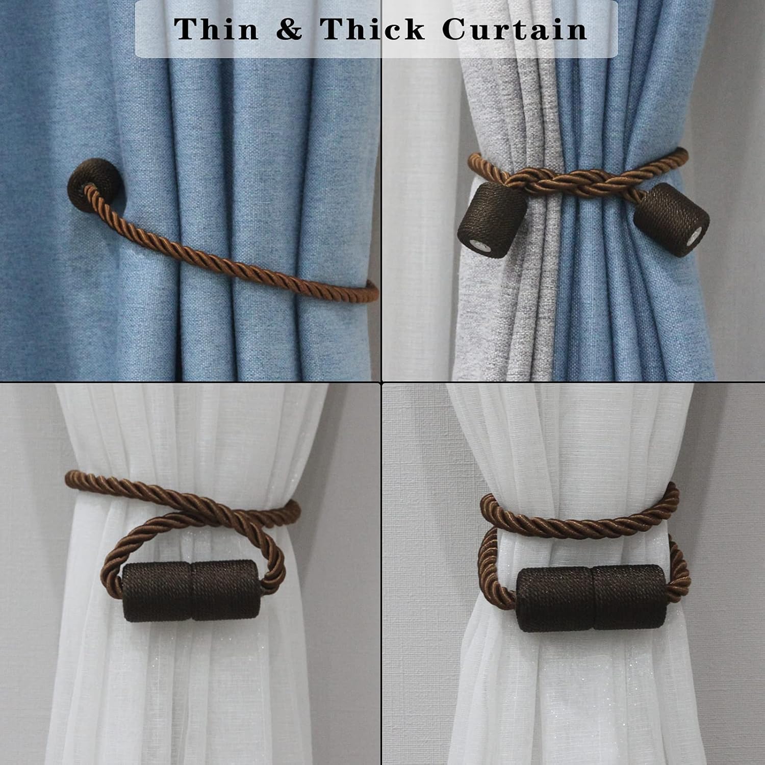 4 Pack Strong Magnetic Curtain Tiebacks Outdoor Elegant Decorative Tie Backs Modern Rope Tiebacks for Drapes Window Curtain Holdbacks for Draperies- Coffee