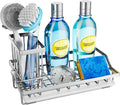 SWTYMIKI Multifunctional Kitchen Sink Caddy - Large Sponge Holder for Kitchen Sink with Removable Brush Holder + Drip Tray, Silver