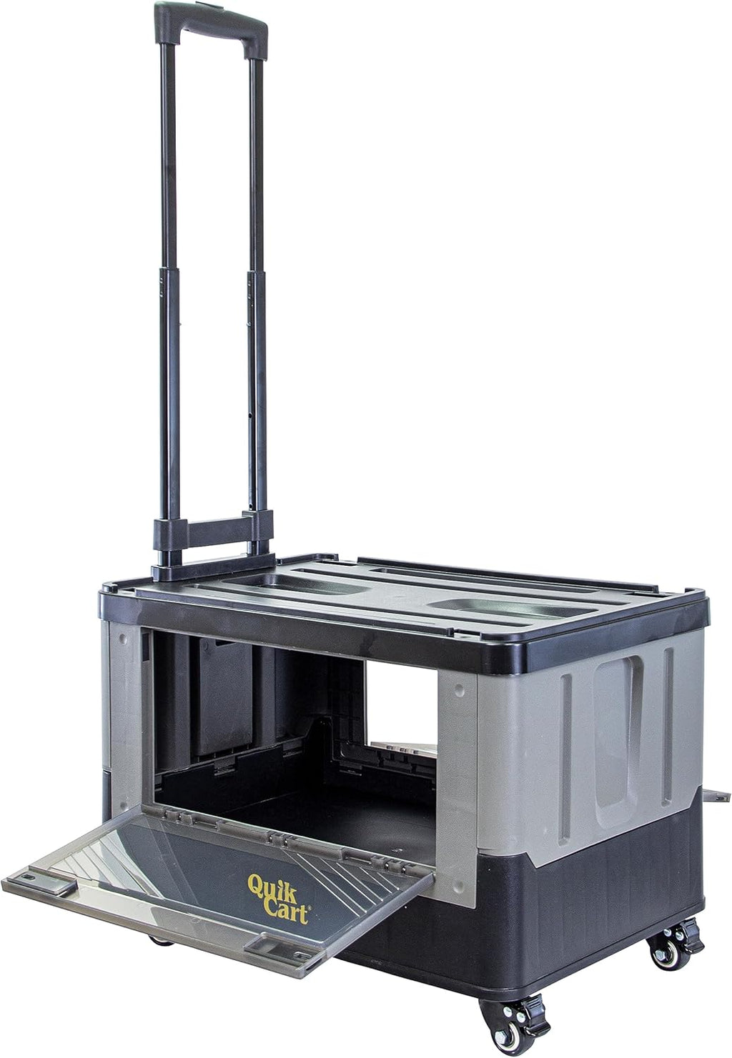 dbest products Quik Cart Extended Four Wheeled Rolling Crate Teacher Utility with seat Dual Accessible Doors Heavy Duty Collapsible Basket with Two Position Handle