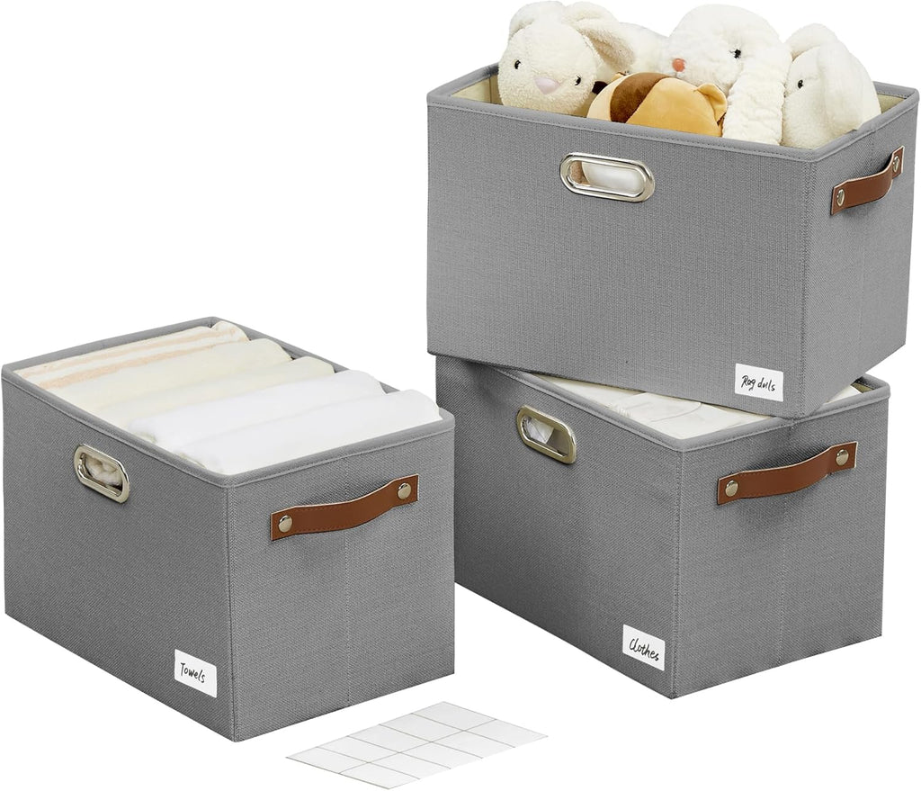 Large 3-Pack Foldable Fabric Storage Bins with Durable PU & Metal Handles, Collapsible Storage Baskets for Shelves, Home Storage, Closet Organizers, Living Room(14.9"x9.8"x9.8", Grey)