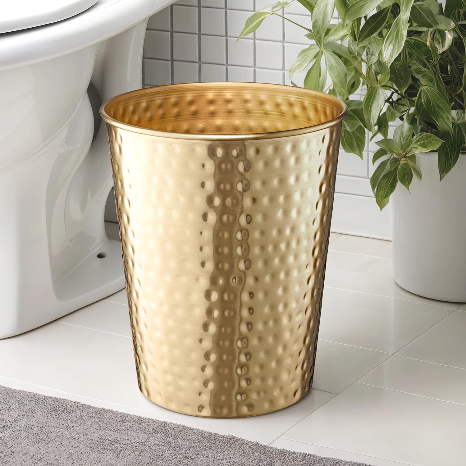 Monarch Abode Brushed Gold Hand Hammered Metal Wastebasket for Home Office Bedroom, Decorative Waste Basket, Modern Garbage Can, Durable & Decorative Trash Bin, Brushed Gold Bathroom Trash Can