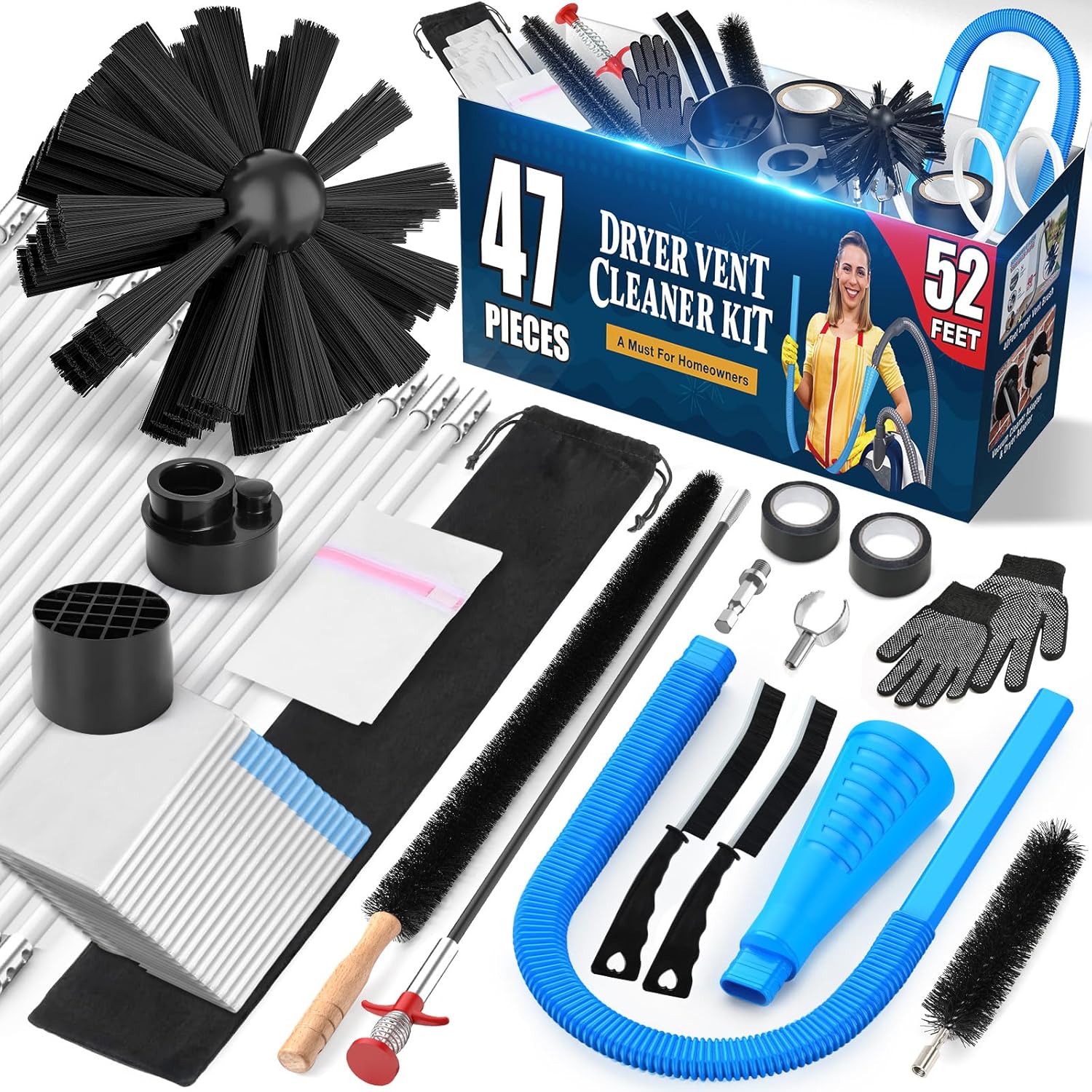 Sealegend 47-Piece 52-Feet Dryer Vent Cleaner Kit, Dryer Cleaning Tools, Omnidirectional Dryer Lint Vacuum Attachment, Dryer Vent Brush, Universal Vacuum & Dryer Adapters (Blue)