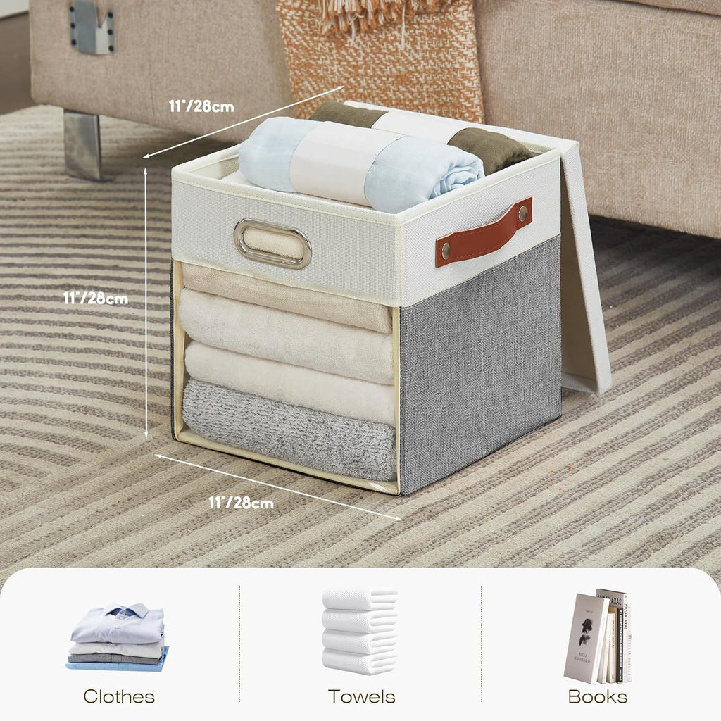 Fabric Storage Cubes with Clear Windows and Lids, 11'' Foldable Storage Bins with 3 Handles, Decorative Storage Boxes for Home, Bedroom, Closet, Office (Gray & White)