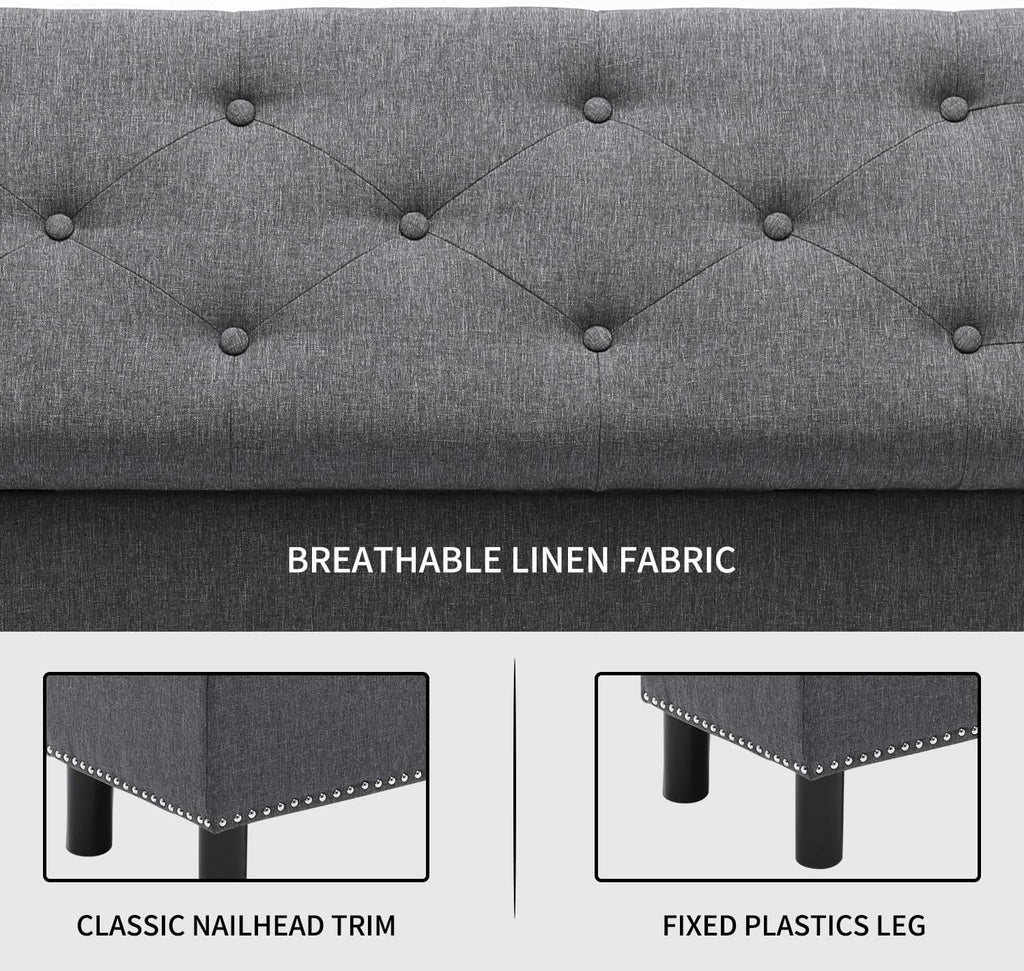 Furnimart 42.5 Inch Storage Ottoman Bench, Flip Top End of Bed Storage Bench, Upholstered Blanket Bench for Bedroom, Entryway, Living Room, Tufted Linen (Dark Grey)