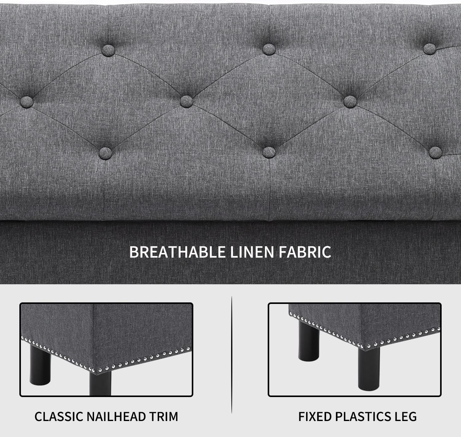 Furnimart 42.5 Inch Storage Ottoman Bench, Flip Top End of Bed Storage Bench, Upholstered Blanket Bench for Bedroom, Entryway, Living Room, Tufted Linen (Dark Grey)