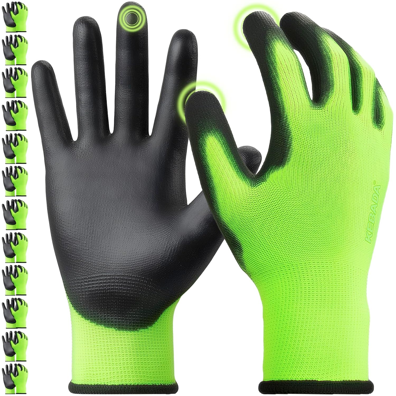 Kebada W1 Work Gloves for Men and Women, PU Coated Safety Gloves with Grip, Touchscreen, Ideal for Warehouse Package Handling, Construction, Gardening, Green XX-Large