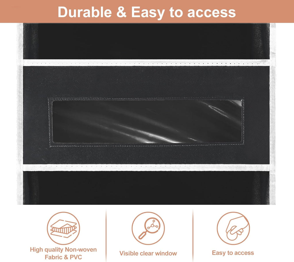2 Packs 5-Tier Over the Door Storage Organizer with 10 Side Mesh Pockets, 48 lbs Load Capacity, 3 Hooks Design, Hanging Organizer with Clear Windows for Bathroom, Bedroom, Nursery, Kitchen-Black