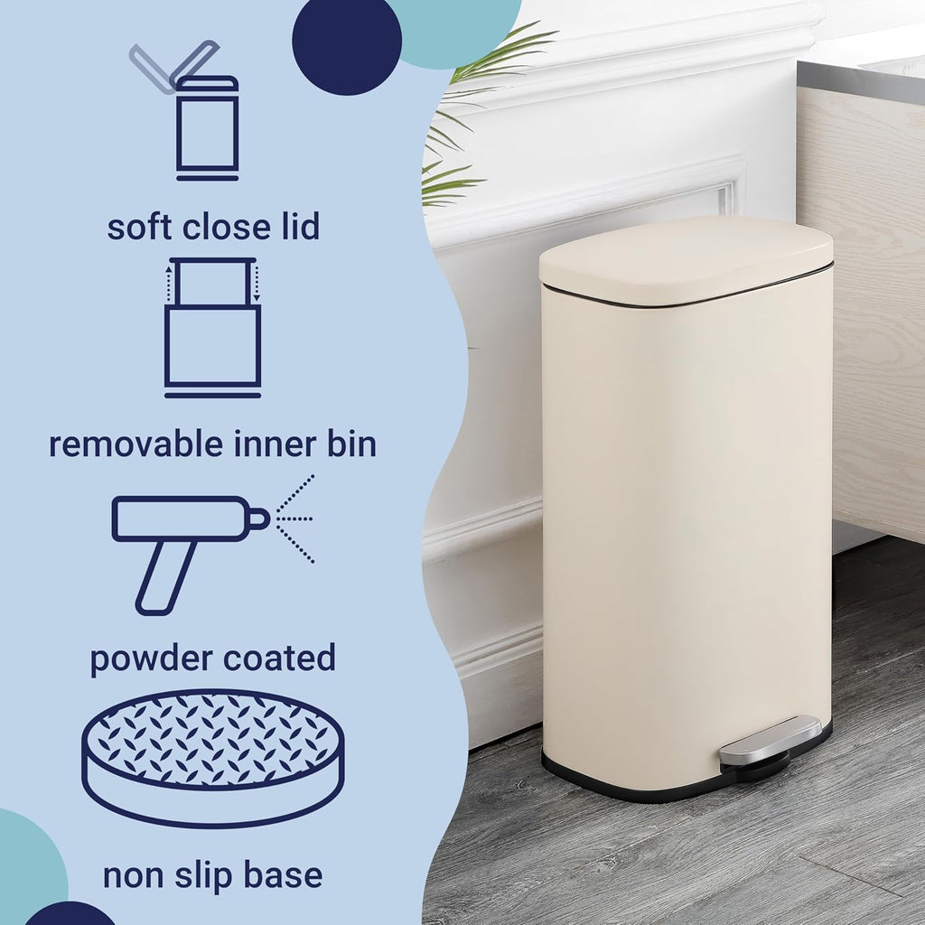 happimess HPM1011I Curtis 8-Gallon Step-Open Trash Can, Fingerprint Resistant, Modern, Minimalistic for Home, Kitchen, Laundry Room, Office, Bedroom, Bathroom, Limestone Beige