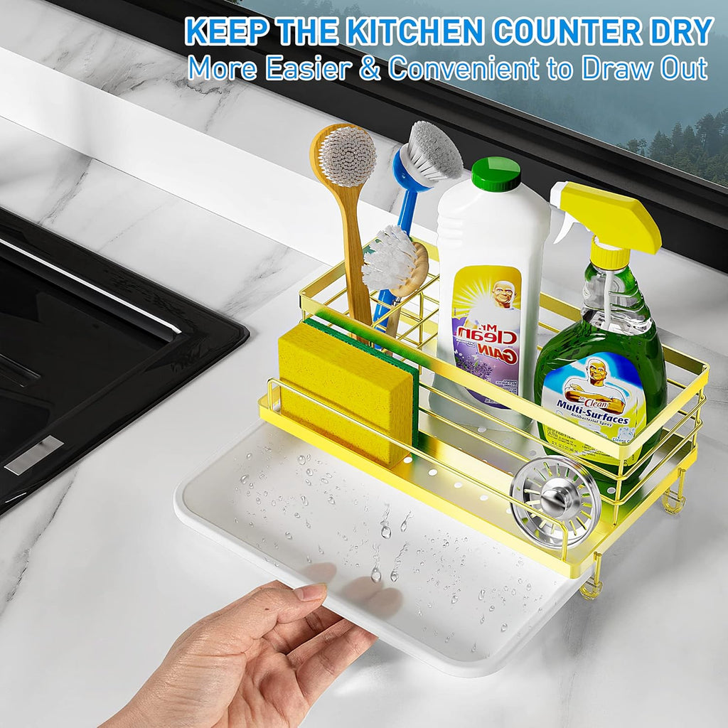 Cisily Kitchen Sink Caddy, Gold, Unisex, 5.3 in Wide, 9.49 in Long, 4 Storage Spaces, Stain-Resistant Tray, Anti-Rust, Easy to Clean