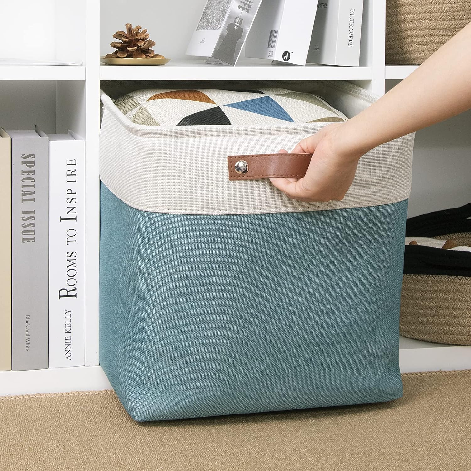 DULLEMELO Cube Basket for Storage, Collapsible Fabric Cube for Organizing, Storage Cube for Closet, Laundry, Nursery, Shelves, Decorative Basket for Gifts Empty (White&Teal)