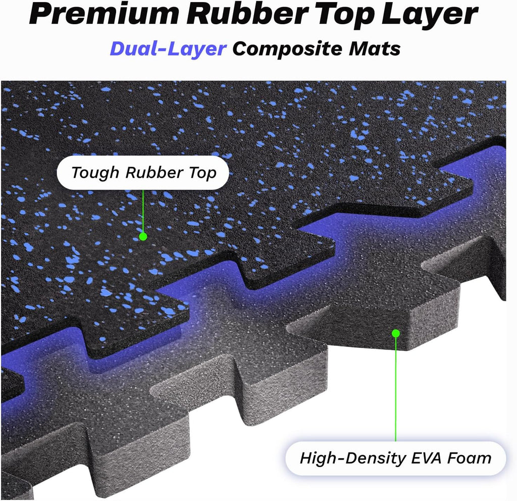 AIRHOP 0.56in Thick 48 Sq Ft Exercise Equipment Mats, 12 Tiles Upgraded Rubber Top with High Density EVA Foam, Large Interlocking Puzzle Gym Flooring for Home Gym, Heavy Weight Workout,Black & Blue